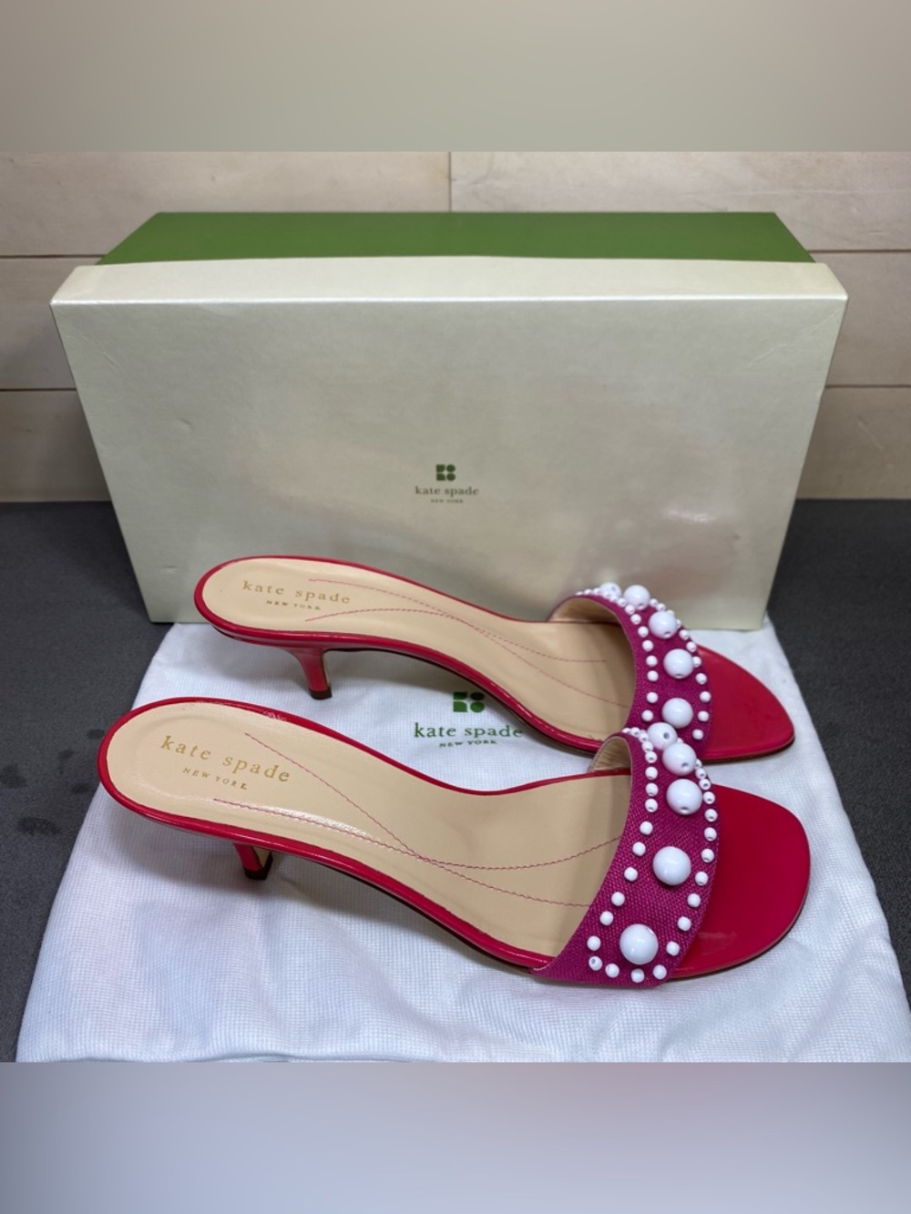 Kate Spade Chance Pink Linen Pumps Women's Size 9 Shoes B Leather Kitten Heels - Picture 9 of 9